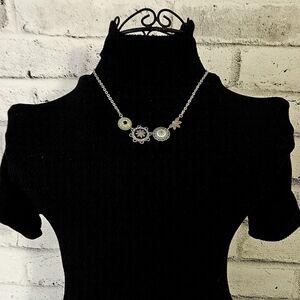Lia Sophia Botanica Floral Necklace Silver Tone Green Enamel Statement